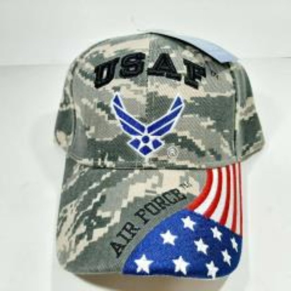 USAF Wings Logo Green Digital Camouflage Hat USA Flag on Side Brim Cap
